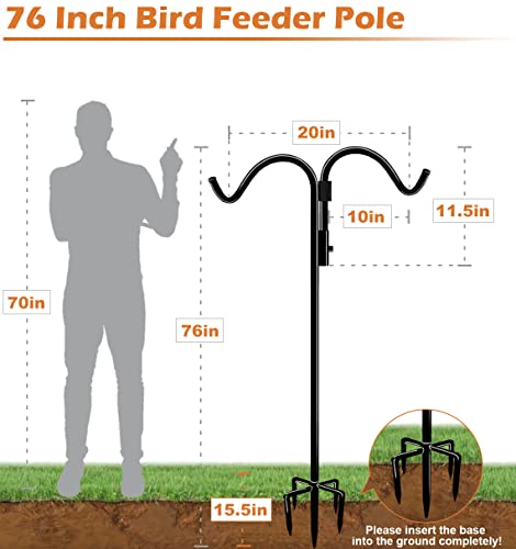 76 Inch Double Shepherds Hook for Outdoor with 5 Prong Base | Adjustable Heavy Duty Bird Feeder Pole for Hanging Flower Basket, Plant Hanger, Solar Light Lanterns, Black - size: 76in-1pcs