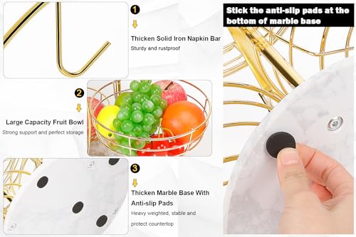 Livabber Fruit Basket Bowl with Banana Hanger, Metal Fruit Vegetable Storage Basket with Banana Holder for Kitchen Counter, Detachable Organizer for Bread Snack Produce (Gold, 3-Tier Marble Base) - color: Gold, style: 3-Tier Marble Base