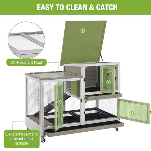 GUTINNEEN Rabbit Hutch Rabbit Cage Pet Bunny House Cage with Casters Urine Baffles,4 Metal Wheels,2 Deeper Trays(Mocca Color) - color: Mocca Color