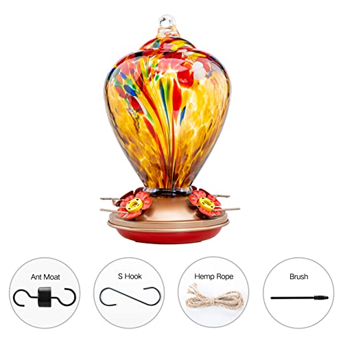 Hummingbird Feeder, 34OZ Hand Blown Glass Hummingbird Feeders for Outdoors Hanging, 4 Feeding Perch with Ant Moat Leakproof, Garden Yard Decor Gifts for Women Mom (Golden Balloon) | Decorative Self Hanging Nectar Bird Feeder for Hummingbirds, Garden Patio