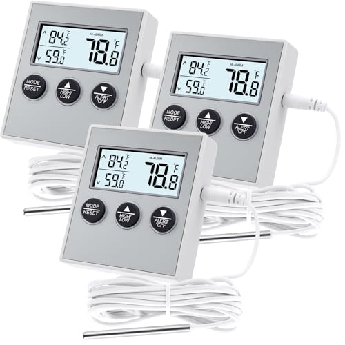 Relaxweex 3 Pack Refrigerator Thermometer Freezer Alarm Digital Thermometer with Sensor, High and Low Alarm Memory Function for Freezer Fridge Kitchen Aquarium(White)