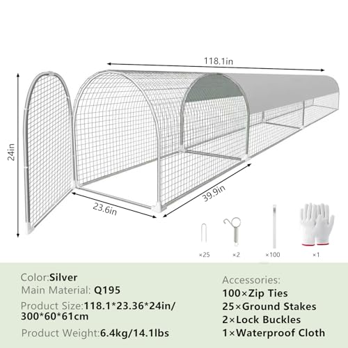 Metal Chicken Coop with Run, 9.8x2x2ft Chicken Run for Yard with Waterproof and Anti-Ultraviolet Cover for Outside,Backyard and Farm, Chicken Pen for Ducks, Rabbits (Silver, 24 * 26 * 118inch)