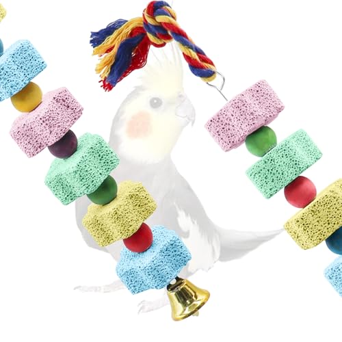 2 Pack Bird Chewing Toy, Colorful Parrot Beak Grinding Calcium Stone with Bells, Cage Accessories for Cockatiels Parakeets Parrots Budgies Lovebirds Rat Hamster Chinchilla Rabbit Bunny African Grey - color: Multi-colored, size: 13.77 inch Long