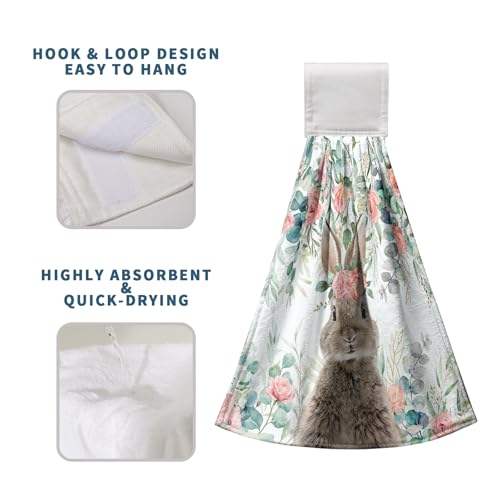 Bunny Eucalyptus Leaves Flowers Easter Kitchen Towels with Hanging Loops Spring Holiday Decoration Rabbit Floral Hanging Hand Towels Set of 2 Dish Towel Soft Absorbent Bath Tie Towels - color: Bunny Eucalyptus Leaf Flowers