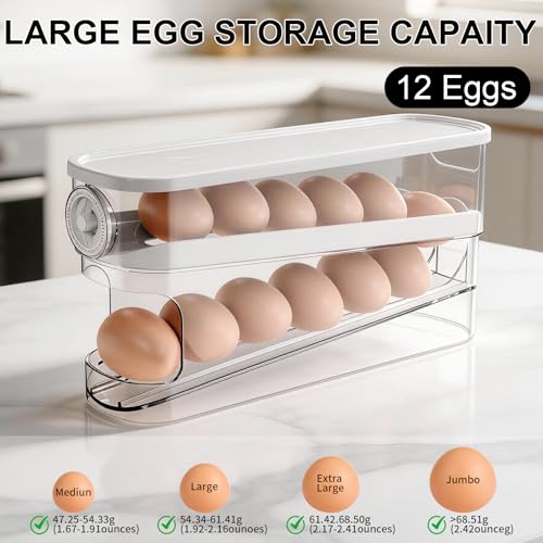 Auto Rolling Egg Holder for Fridge, Egg Dispenser/Organizer/Storage/Container with Lid & Date Timer for Refrigerator, Sturdy and Durable Space-Saving Egg Tray for 12 Large Eggs - size: With Timer