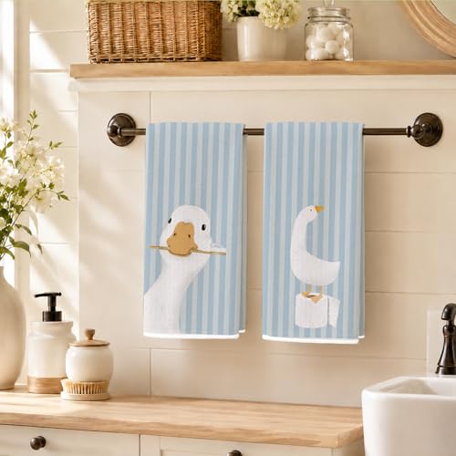 Kids Bathroom Decor, Goose Towels Bathroom Decor, Toddler Bathroom Towel, Cute Duck Green Farm Animal Dish Towels Gifts for Washroom Restroom 16x24 Inch Set of 2 - color: Goose-blue