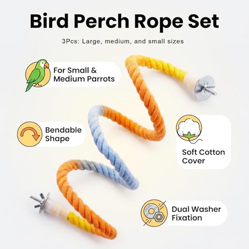 Colorful Cotton Rope Parrot Perch Set, Bendable 3-Size Cage Accessory
