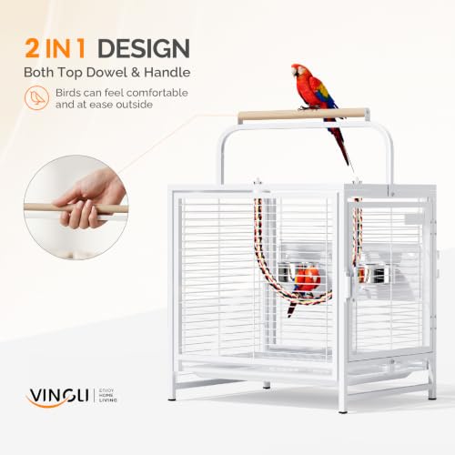 VINGLI Small Bird Cage, 19 inch Travel Carrier Bird Cage with Handle, Wrought Iron Parakeet Cage with Wooden Perch for Parrot Lovebirds Finches Small/Medium Birds (White) - color: White