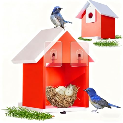 Water Proof Window View Bird House for Outside with 2 Powerful Hooks,Vinyl Birdhouse for Viewing Inside, Multifunctional Entrance For Various Birds 1.25" + 1.5" Hole, 10 Years Performance (Red）