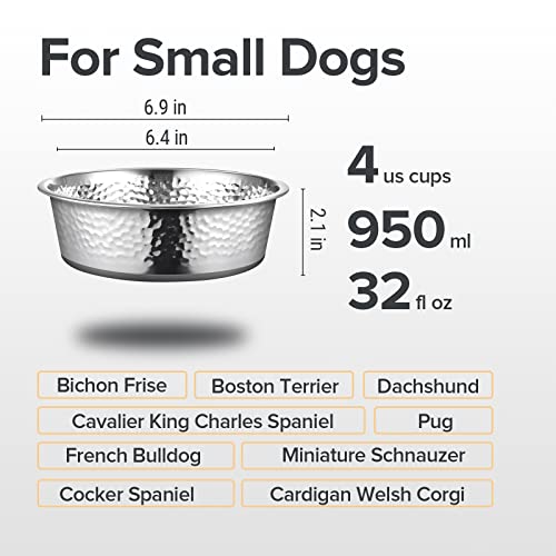 URBUDDIES 2 Pack Hammered Stainless Steel Dog Bowls, 4 Cup, Gray Bottom | Premium Metal Dog Bowls with Non Slip Rubber Bottom, Dishwasher Safe, Easy to Clean - size: 4-Cup