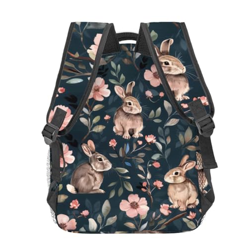 Cute Bunny Backpack,Adorable Rabbit Floral Polyester Backpacks,Lightweight Double Shoulder Back Pack for Girls Women,Blossom Dark Bookbag,School Bag Gifts,Casual Travel Daypack Book Packs - color: Bunny