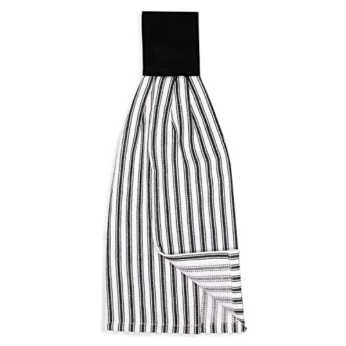 Black and White Ticking Stripe Hanging Kitchen Dish Hand Towel Cotton with Button Accent, Set of 2 - color: Black