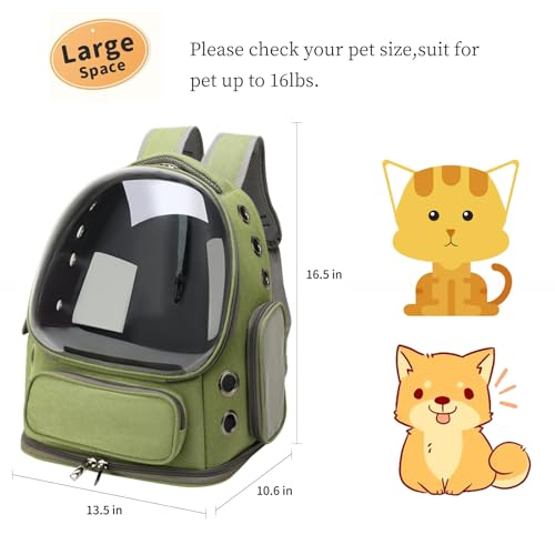 Cat Bubble Backpack,Breathable Cat Backpack Carrier Large Space Pet Travel Carrier for Kitty Small Dogs up to 15lbs,Transparent Cat Carrier for Hiking Camping Outdoor Travel (Green)