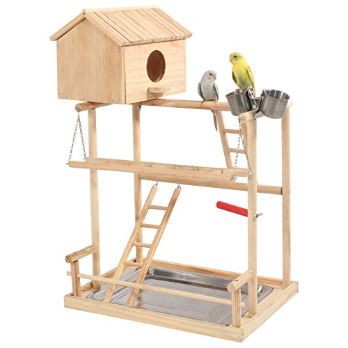 HiCaptain Large Bird Playground, 3 Layers Cockatiel Playground, Pet Parrot Playstand Gym Wooden Playpen Birds Play Stand with Nesting Box, Ladder, Feeder Cups