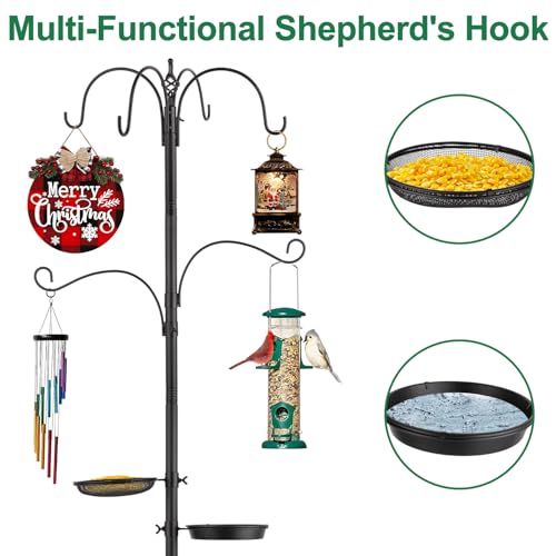 Camii 103 in Bird Feeding Station Kit, 6-Hook Wild Bird Feeder Stand Pole, Steel Multi-Feeder Pole with 5-Prong Base, Mesh Tray, Bird Bath for Attracting Wild Birds