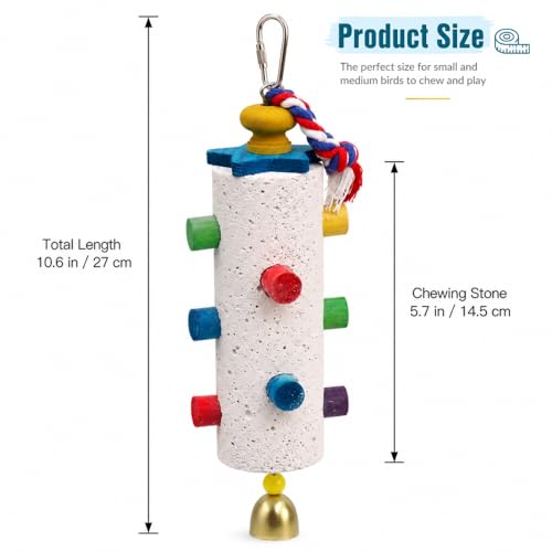 Hanging Bird Chew Toy for Small & Medium Birds, Textured Chewing Stone with Colorful Wooden Pegs, Cotton Rope & Bell, Bird Cage Accessories for Parakeets and Cockatiels