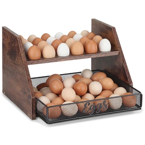 LemonRoad Wooden Egg Holder Fresh Egg Holders with Wire Basket Organizer for Countertop 24+60 Eggs Rustic Kitchen Organizer Basket for Gathering Fresh Chicken/Duck/Quail/Turkey Eggs(Brown) - color: Brown
