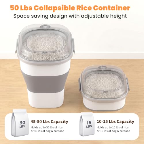 50 Lbs Rice Storage Container, Collapsible Pet Food Container | Airtight Dog Food Storage Container with Wheels, Transparent Lid, 2 Measuring Cup, 2 Scoop, BPA Free for Cat Food, Bird Seed - color: 50lbs