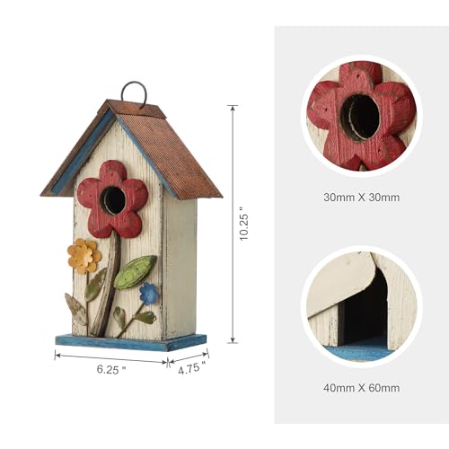 Glitzhome Hanging Bird House for Outdoor,10.2" H Patio Garden Decorative Birdhouse Pet Cottage Wooden Distressed Birdhouse with 3D Flowers for Bluebird,Hummingbird,Sparrow,Wren Finch, Washed White - color: 10.2"H Flower Washed White
