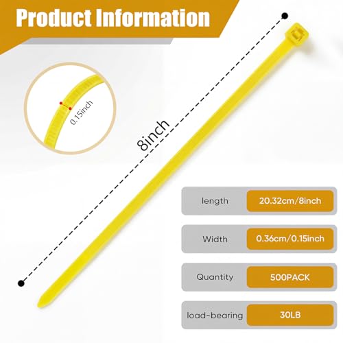 Zip Ties, 500pcs Yellow Zip Ties 8 Inch, Plastic Ties Small Zipties Cable Tie Wraps, Multi-Purpose Cable Management Ties, Self-Locking Ziptie for Office and Home(Can bear 30lb) - color: Yellow, size: 8" (500 Pack)