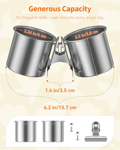 Pawfly Bird Cage Mounted Food & Water Containers, Sturdy Stainless Steel Cups with Clamp Design, Feeding Supplies for Budgie, Parakeet, Cockatiel & Conure