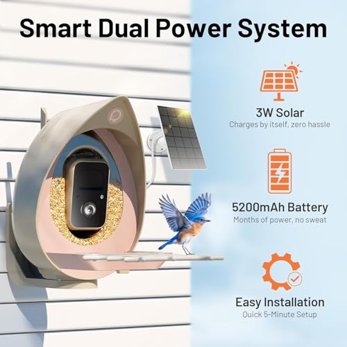 Bird Feeder with Camera Solar Powered, Smart Birds Feeder for Outside, AI Bird Identification Auto Capture Videos Pictures, 2K Live Feed Cam for Backyard, Ideal Gift for Birds Lover (Brown) - color: Brown
