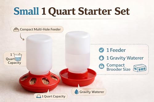 Baby Chick Feeder and Waterer Set, 1 Quart Poultry Starter Kit | Gravity-fed shallow water tray, compact brooder design, easy to refill and clean, for chicks, ducklings and small poultry