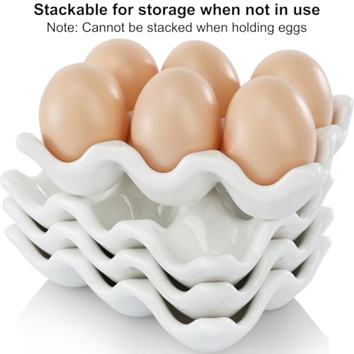 4 Pack 24 Cups Egg Tray Holders, Porcelain Egg Container for Countertop Fridge, Ceramic Eggs Keeper Storage Organizer, Tiny Egg Dispenser Serving Dish Serveware for Display, Kitchen, White
