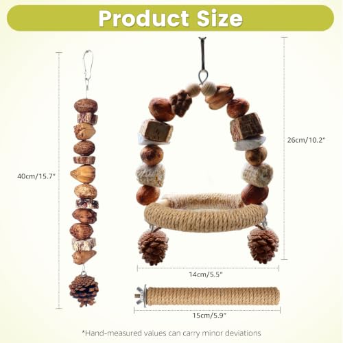 3Pcs Natural Bird Chew Toys, Hanging Bird Swing with Sisal Perch | Claw Grinding Non-Slip Grip Design, Saving Space, for Parakeet, Budgie, Cockatiel, Conure, Lovebird, Canary, Finch - color: swing+perch+chew