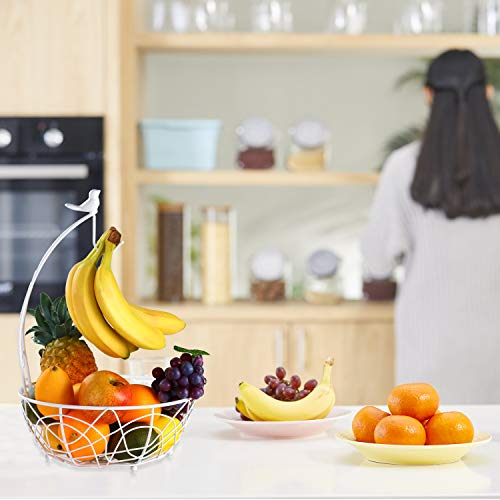 Buruis Metal Fruit Basket Bowl with Banana Holder, Bird Design, White | Kitchen Countertop Organizer, 2-in-1 Fruit Storage Bowl, Banana Rack, Modern Kitchen Decor, Dining Table Centerpiece - color: White
