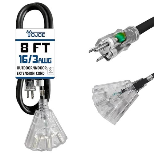 YOJOE 3-Outlets Indoor Outdoor Extension Cord with Lighted End, 3 Prong 13A Weatherproof Power Cord, 16 Gauge Heavy Duty 8 ft Black Extension Cord Multiple Outlets, 16/3 SJTW UL Certified - color: Black, size: 8 Foot, style: Lighted End