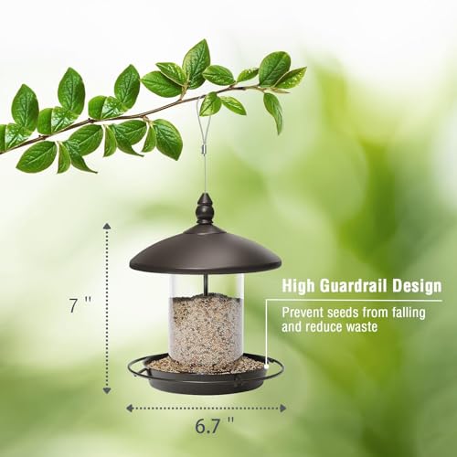 Metal Bird Feeder, Hanging or Ground Outdoor Bird Feeder, Weather Cover, Removable Seed Container and Easy Clean Design- (7x7x7in)