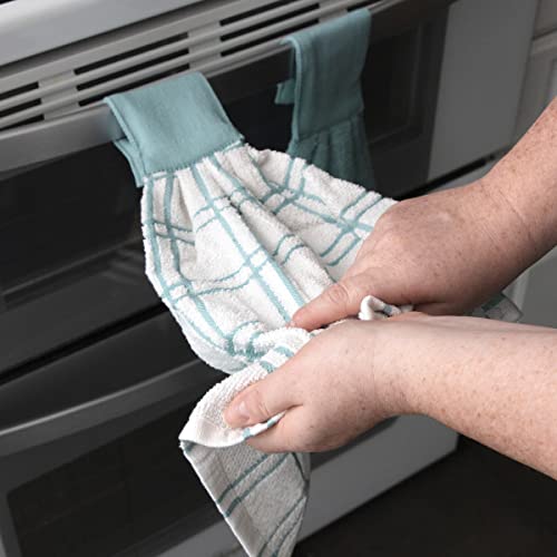 Ritz Premium 100% Cotton Solid and Multi Check Kitchen Tie Towel Absorbent, Super Soft, and Fast Drying Hang Towel, Set of Three, Dew - color: Dew, size: Solid & Multi Check - 3 Piece