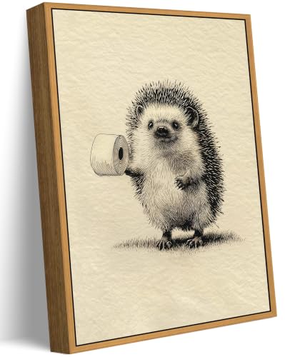 Floating Framed Funny Bathroom Canvas Wall Art, Hedgehog Holding Toilet Paper Painting Picture Wall Decor, Vintage Cute Animal Sketch Poster Print Artwork for Restroom, Home Decoration 12x16in - color: Bathroom Hedgehog, size: 16"L x 12"W