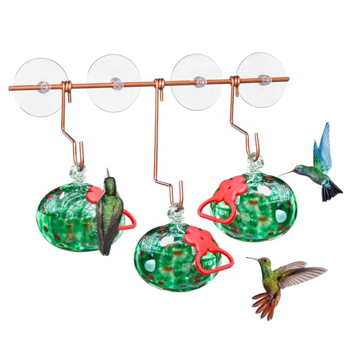 Pozfun Window Hummingbird Feeder with Suction Cups,Hand-Blown Glass Hummingbird Feeders for Outdoors Window Mounted with Metal Hook,Close Bird Watching,Finch in Garden,Yard(Green) - color: Green