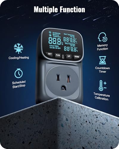Digital Temperature Controller Outlet, 15A/1800W Heavy Duty Thermostat Plug, VA LCD Display, Heating/Cooling Control, -40°F~210°F, 4 Timer Modes, for Greenhouse Incubator Homebrew B01TC06 - color: Black-6.6ft