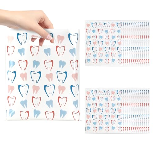 eowqeiur Dental Goodie Bags(8.2x9.4 Inch) 50 PCS Plastic Tooth Gifts Goody Snack Treat Cookie Bags with Handle Dental Assistant Must Haves Office Supplies Toothbrush Patients Hygiene Bag Bulk - color: 50 tooth bags