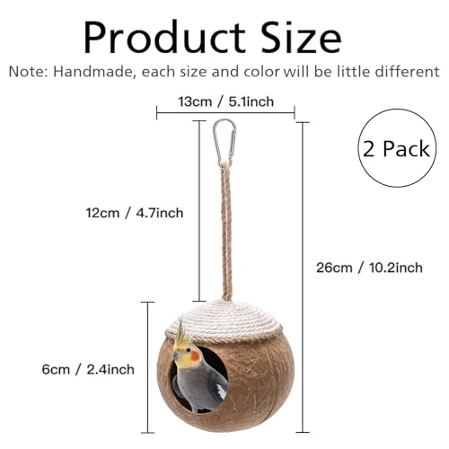 Yesland 2 Pack Coconut Bird Nest Hut with Loop, Coconut Fiber Hanging Birdhouse Cage, Anti-Pecking Bite Coconut Bird Parakeet for Parrot Parakeet Lovebird Finch Canary, Pet Cage Habitats Decor