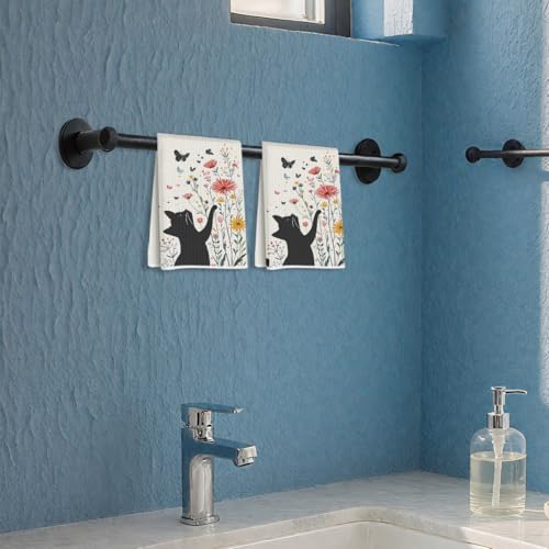 2 Pcs Flower Cat Kitchen Towels Decorative Hand Towels | Absorbent Soft Microfiber Towels for Bathroom, Home, Cat Lover Housewarming Gifts for Women, Mom, Dish Cloths - color: Multi 1223