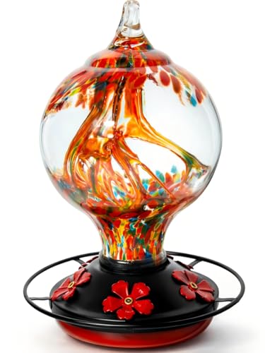 Hummingbird Feeder for Outdoors, 34 oz Hand-Blown Glass Bird Feeders | Unique Garden Gift, Decorative Inner Glass Humming Bird Feeder with Ant Moat Hook, Bee Guard Ports, Brush, Sunset Red - color: A Sunset Red