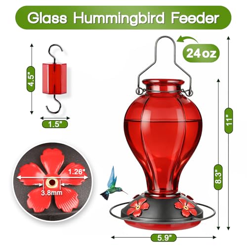 Glass Hummingbird Feeders for Outdoors Hanging, 24oz Wild Bird Nectar Feeder with Ant Moat and 360° Perch, Bee-Resistant Ports,Outside Garden Decor,Colorful Gifts for Women Mom, 1 Pack, Red - color: Red