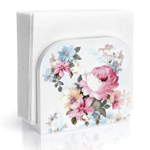 Pastel Elegant Flower Wood Napkin Holder, Spring Floral Botanical Wooden Standing Napkin Dispenser for Table Home Kitchen Dining Room Party Cafe Bar Decorations - color: Pastel Flower