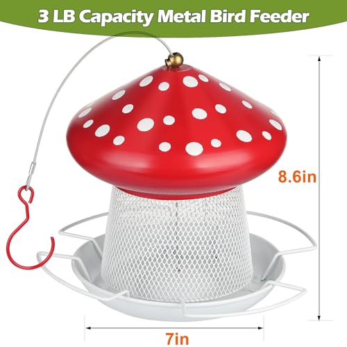 Bird Feeder, Heavy Duty Metal Bird Feeders for Outdoor Hanging | Wild Birdfeeder, 3LB Capacity, 4 Perches, Sturdy, Cute Mushroom Shape, For Outside Garden Yard - color: Red