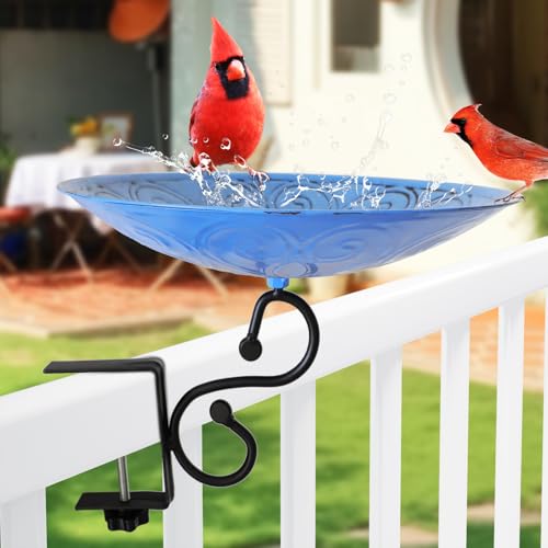 PFNRTH Bird Bath Deck Mounted Bowl 12 Inches for Garden Outdoor Yard Décor | Metal Blue Patterned Balcony Railing Bird Bath