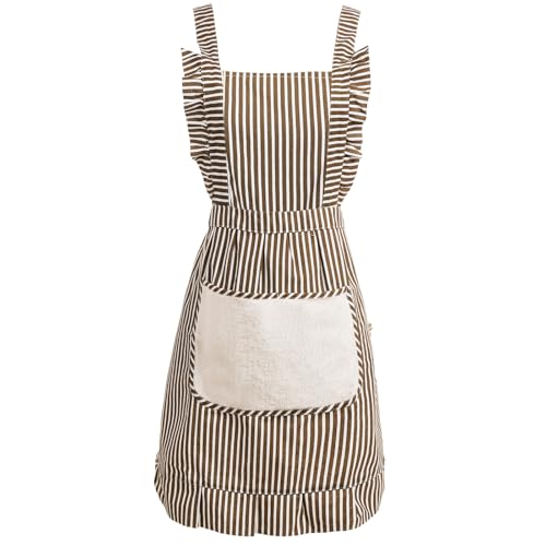 Cute Cotton Apron for Women, Adjustable Bib Cooking Kitchen Aprons with Pockets for BBQ Drawing Baking - color: Brown