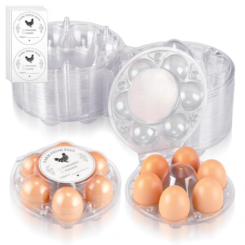 Zhehao 25 Pack Round Egg Cartons with Date Stickers Clear Plastic Half Dozen Egg Cartons Bulk Reusable Holders Fresh Eggs Storage for Family Pasture Farm Markets Display