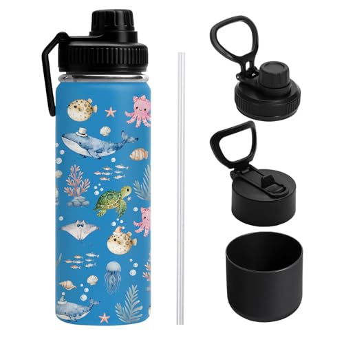 Whale 18 oz Water Bottle, with 2 Lids Handle, Insulated Sports Cup | 18oz Stainless Steel Travel Tumbler, Reusable Leak proof Anti Slip Boot Mug,Christmas Birthday Marine Gift for Son - color: Marine Life