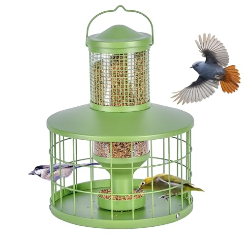 Caged Bird Feeders Squirrel-Proof, Metal, 2.8Lbs Capacity-Cage Tube Seed Feeders with Tray, Hanging Wild Bird Feeders, Attract Birds,Detachable Cleaning, Starling Proof Wild Bird Feeder（Green） - color: Green
