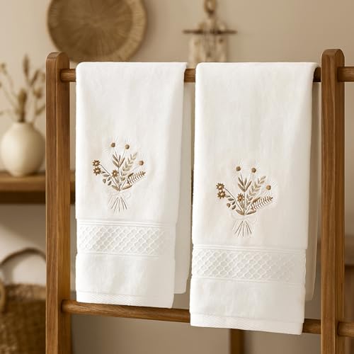 SmoothNovelty 2 Pcs Boho Flower Hand Towels for Bathroom Decor 14x29 Inch | Embroidered Wildflowers Bathroom Hand Towels, 100% Cotton, Soft Absorbent, Beige Boho Bathroom Kitchen Decor - style: Bohemian
