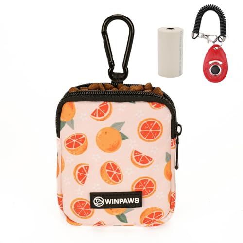Dog Treat Pouch with Training Clicker,Waterproof Nylon Fabric Poop Bag Holders for Leashes,Hands Free Small Dog Walking Bag with Carabiner, Pet Puppy Training Walking Essentials(Grapefruit) - color: Grapefruit